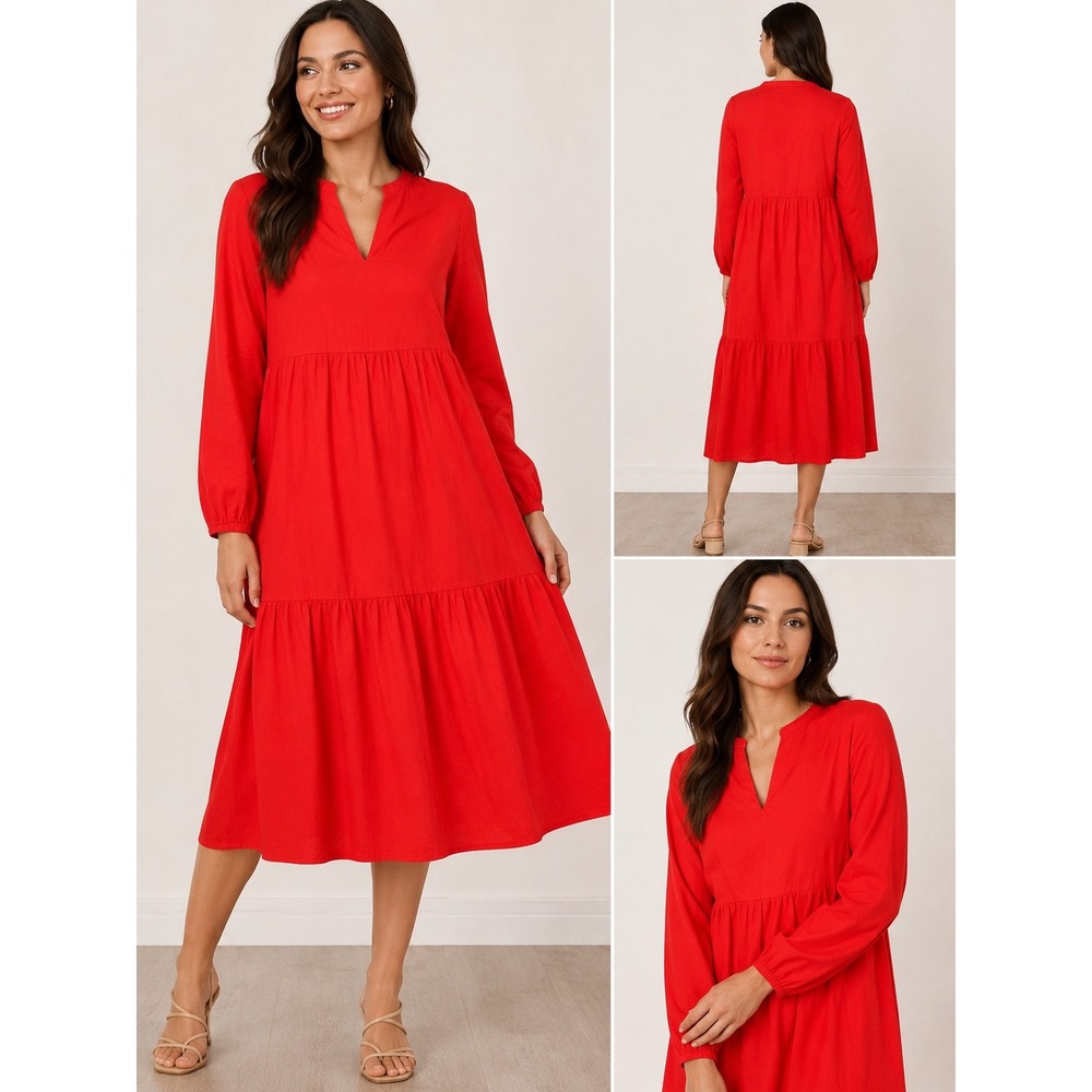 Who What Wear Red Tiered Long Sleeve Babydoll Midi Dress Womens Medium V-Neck - Picture 1 of 5